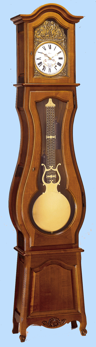 Rf : 395 Merisier
LOUIS XV
MONTIGNY 
Violon Pieds Volute 
Teinte Patine Standard
Srie Milieu de Gamme 
Entirement Massive
Fonds Bois Divers 
Socle  Plinthes
Sculpt main 
Porte basse forme Lyre 

Comtoise traditionnelle
Fabrication artisanale

Corniche Chapeau de Gendarme
Porte Chapeau de gendarme
Ouverture de tte 38,5 x 23cm.
H: 2,19m / L: 0,52m / P: 0,26m