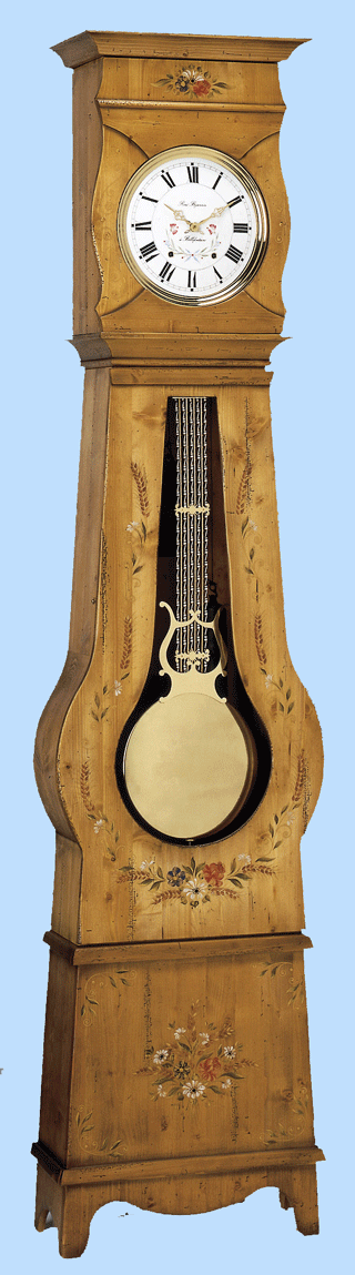 Rf : 621
Sapin, Epica 
CERNEE
Version classique
Finition antiquaire
Finition blonde avec peintures

Comtoise traditionnelle
Sapin, Epica 
Entirement massive
Choix rustique (petits noeuds sains) 
Fonds massifs bois divers.
Fabrication artisanale

Corniche Droite 
Porte Ronde
Ouverture de tte 38,5 x 25cm.
H: 2,21m / L: 0,52m / P: 0,26m