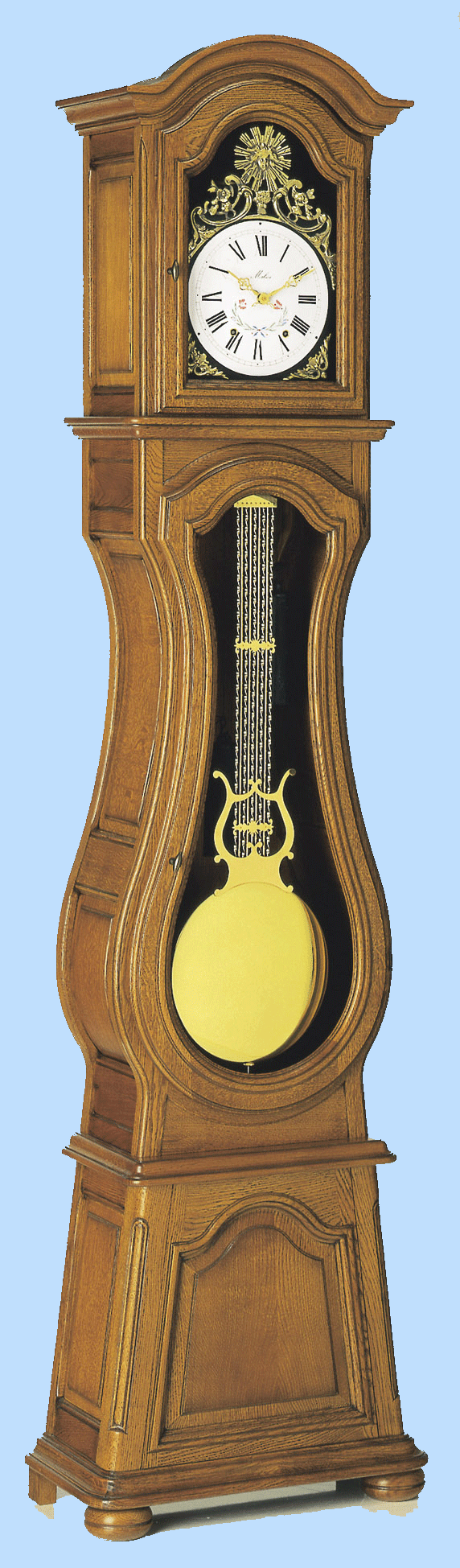 Rf : 752 CHNE
LOUIS XIV 
Horloge violon
Pieds-Boule 

Entirement massif
Fonds massifs bois divers

Sculptures mains
Tte  portillon latral

Fabrication artisanale

Corniche Chapeau de Gendarme
Porte Chapeau de gendarme
Ouverture de tte 38 x 24cm.
H: 2,21m / L: 0,57m / P: 0,285m